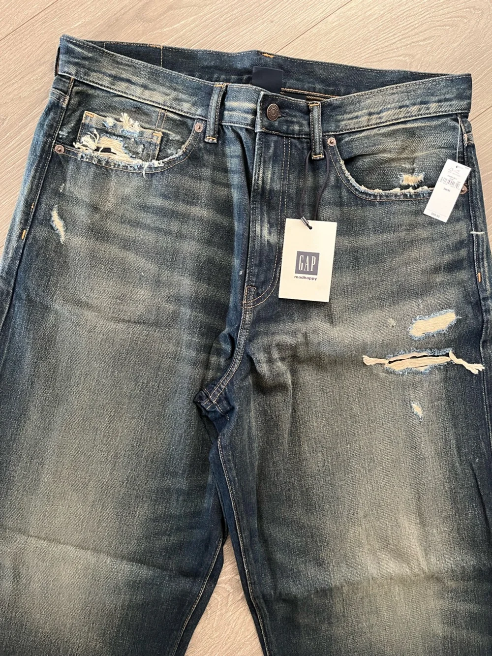 NWT GAP x MadHappy Collab Mens Distressed Dark Blue Jeans Size 34 x 30 & 32x30